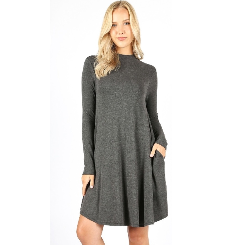 Mock Neck round hem dress Long sleeve Pockets